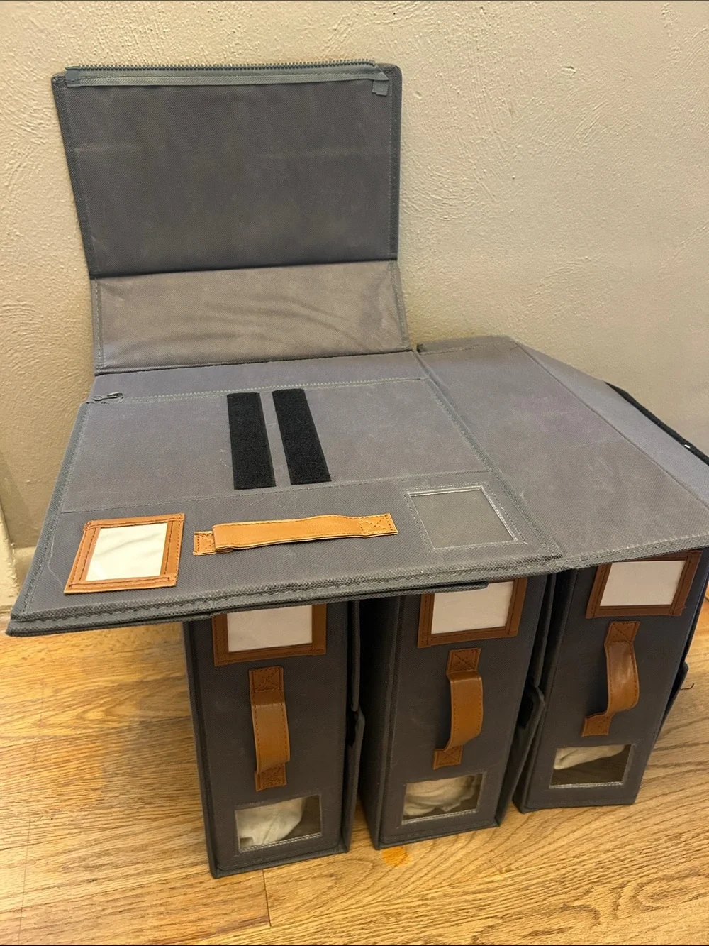 Set of 4 Gray Fabric Storage Bins with Brown Leather Handles (sheets & linens)